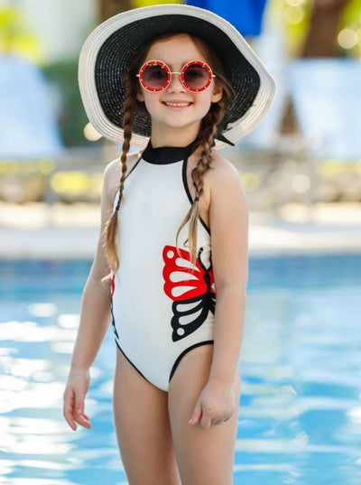 Kids Swimsuit | Little Girls White Halter Butterfly One Piece Swimsuit
