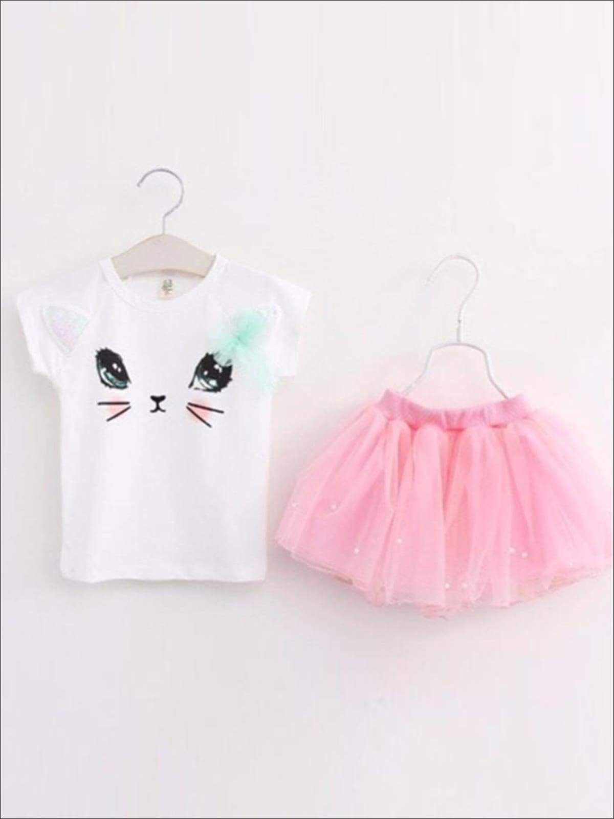 Girls Spring Outfits | Kitten Face Top & Butterfly Tutu Skirt Set