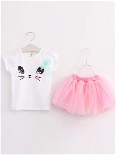 Girls Spring Outfits | Kitten Face Top & Butterfly Tutu Skirt Set
