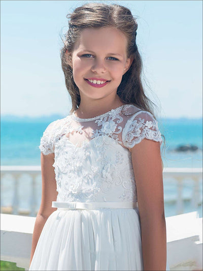 Mia Belle Girls Communion Dresses | White Embroidered Drape Gown