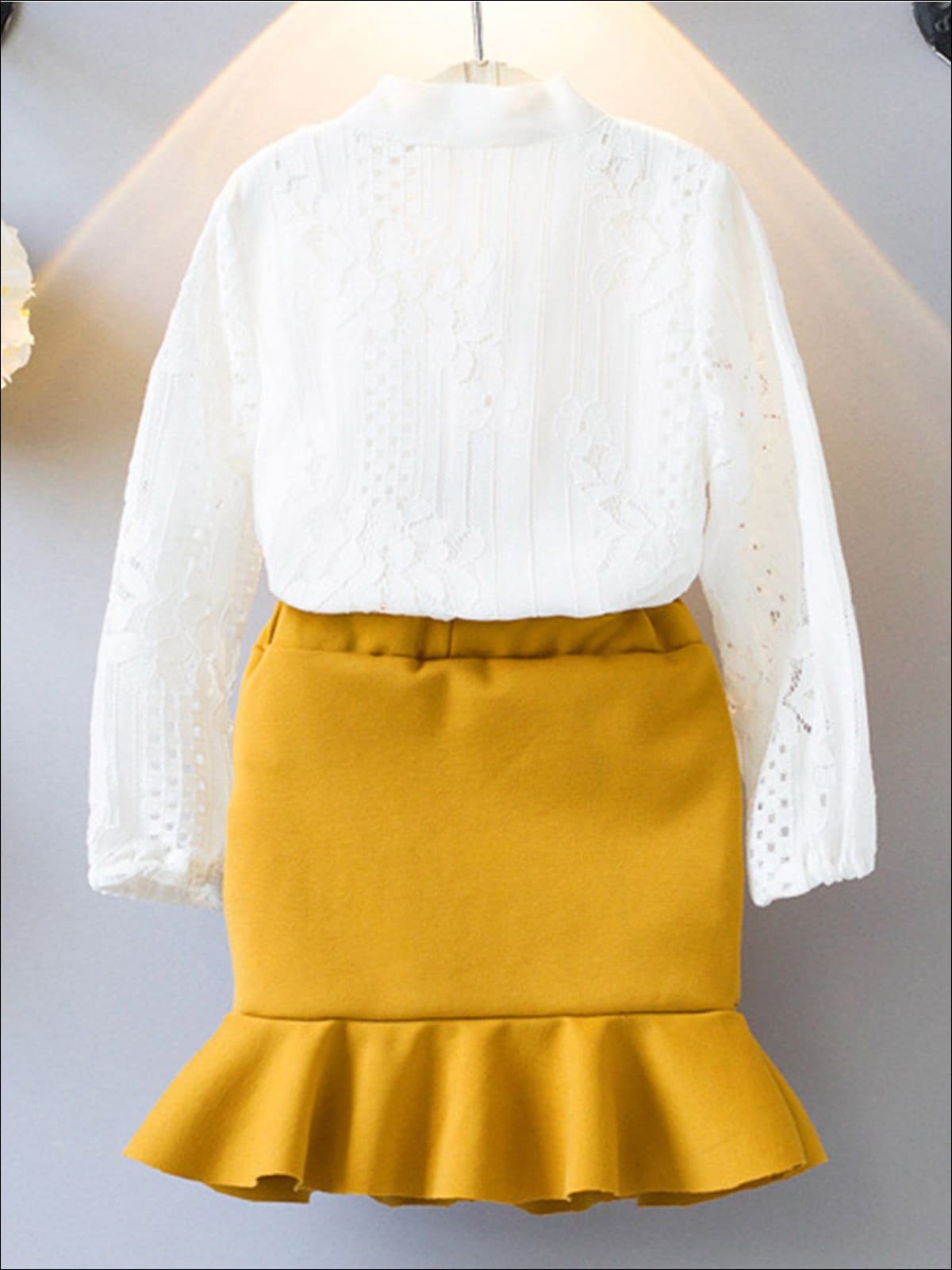 Girls White Lace Long Sleeve Bowknot Blouse & Fishtail Skirt Set - Girls Spring Dressy Set