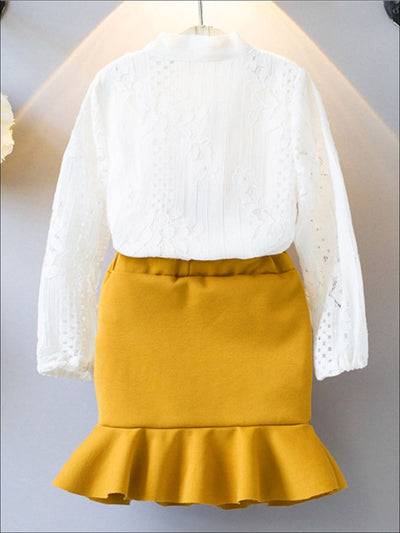 Girls White Lace Long Sleeve Bowknot Blouse & Fishtail Skirt Set - Girls Spring Dressy Set