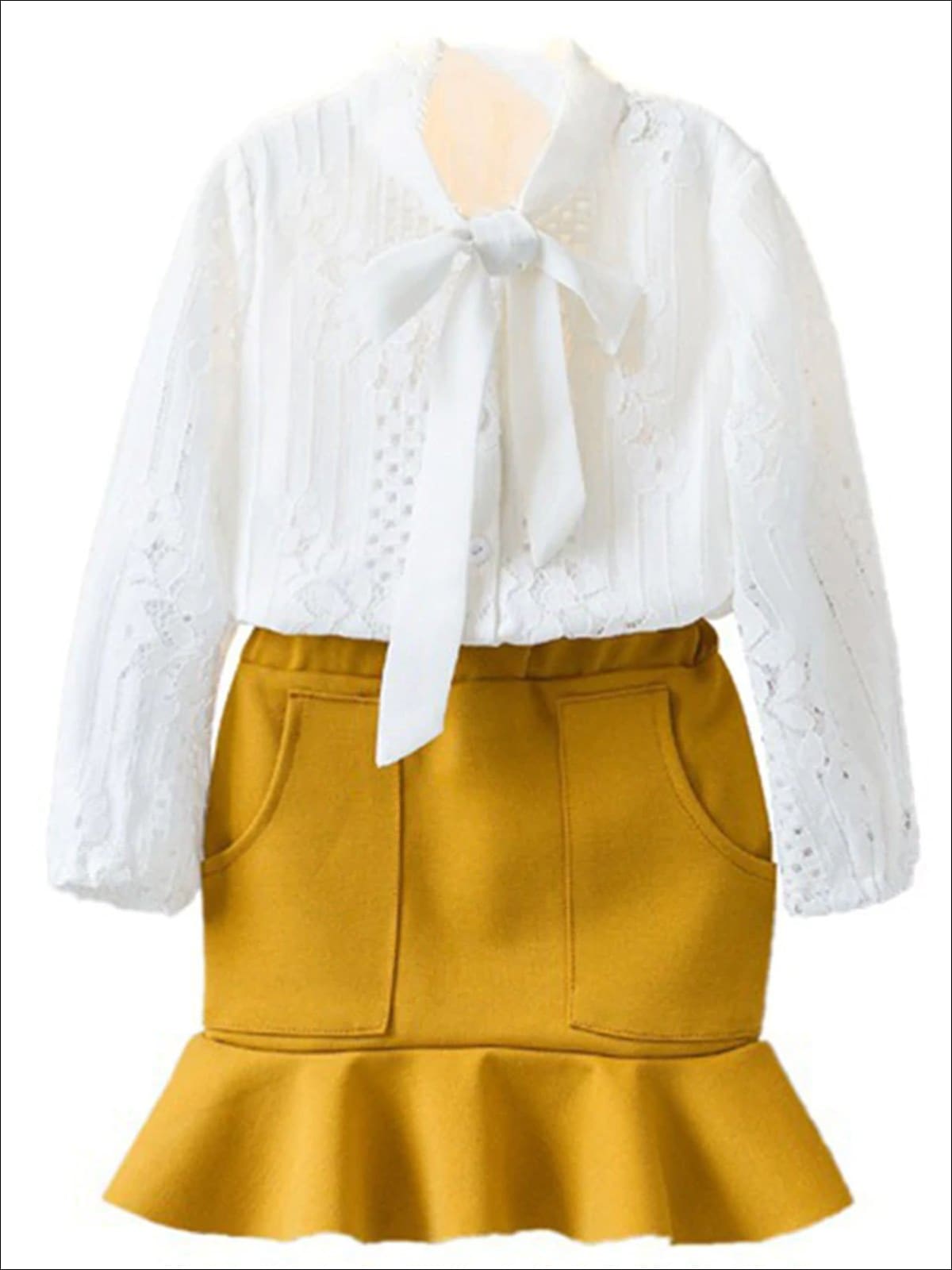 Girls White Lace Long Sleeve Bowknot Blouse & Fishtail Skirt Set - Gold / 24M - Girls Spring Dressy Set