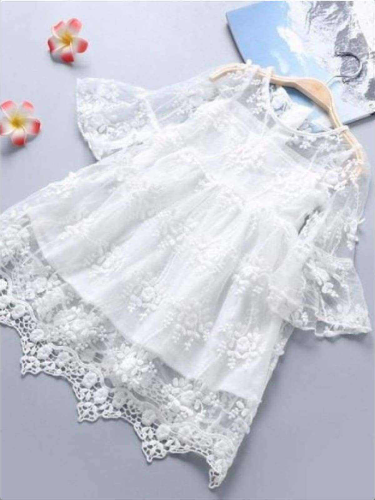 Girls White Lace Scallop Edge Boho Sleeve Dress - Girls Spring Dressy Dress