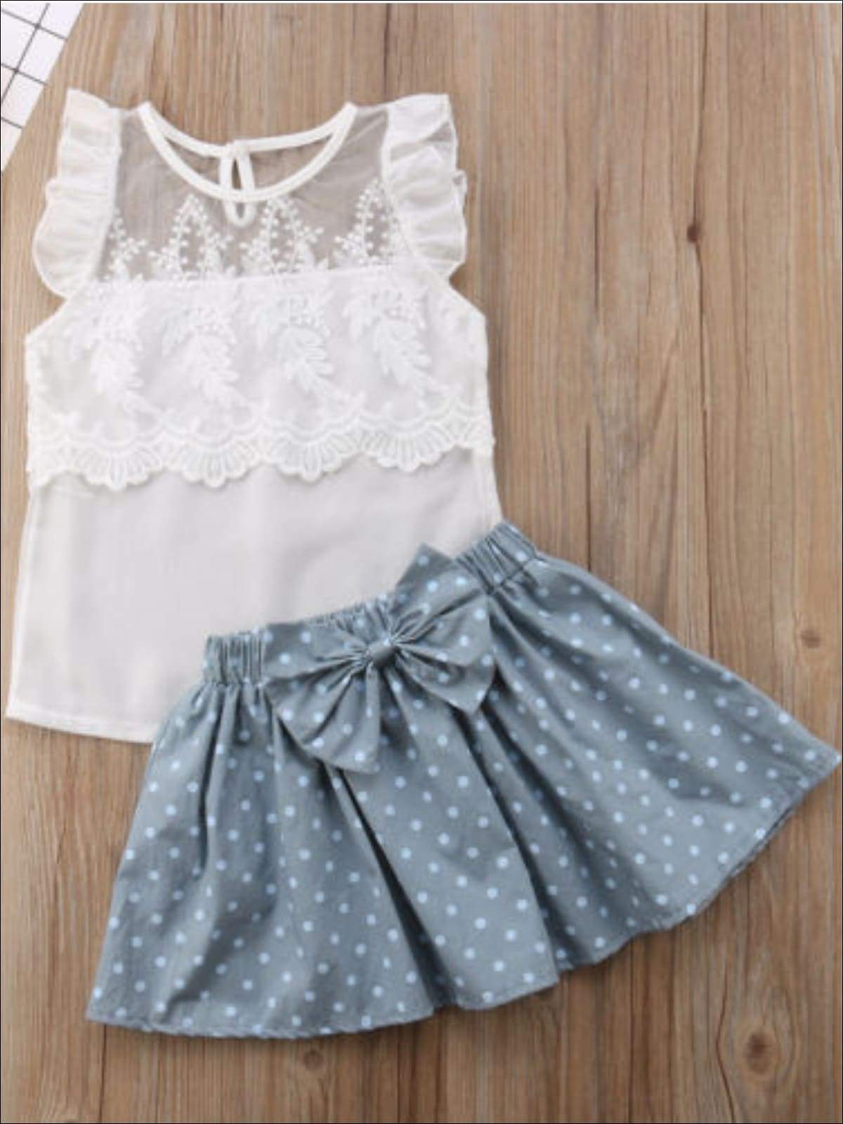 Girls White Lace Top & Polka Dot Skirt Set - Girls Spring Casual Set