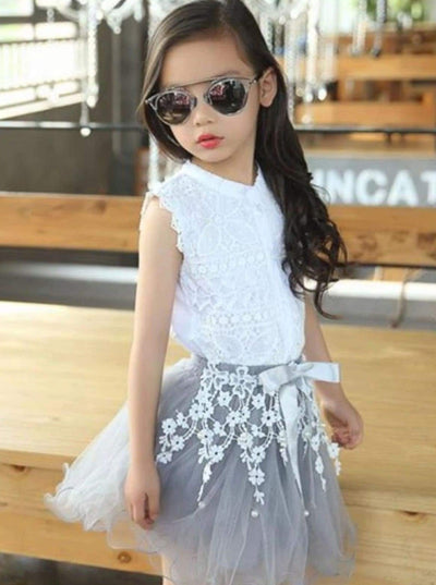 Girls set features a white lace button-down top and a grey tutu skirt with embroidered flower applique, and a satin sash  - Girls Spring Dressy Set