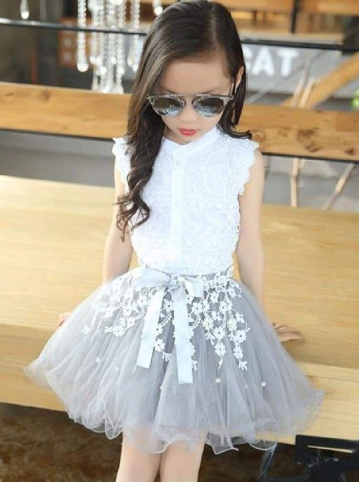 Girls set features a white lace button-down top and a grey tutu skirt with embroidered flower applique, and a satin sash - Girls Spring Dressy Set