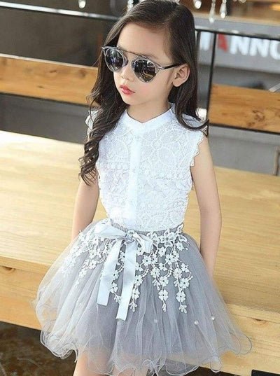 Girls set features a white lace button-down top and a grey tutu skirt with embroidered flower applique, and a satin sash - Girls Spring Dressy Set