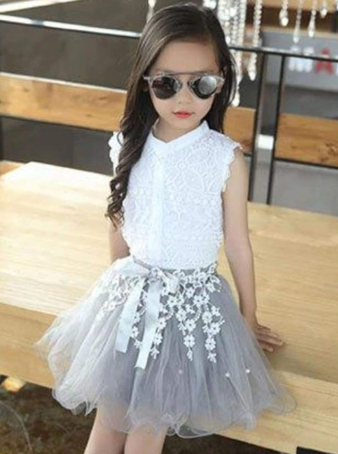 Girls set features a white lace button-down top and a grey tutu skirt with embroidered flower applique, and a satin sash  - White / 5Y - Girls Spring Dressy Set