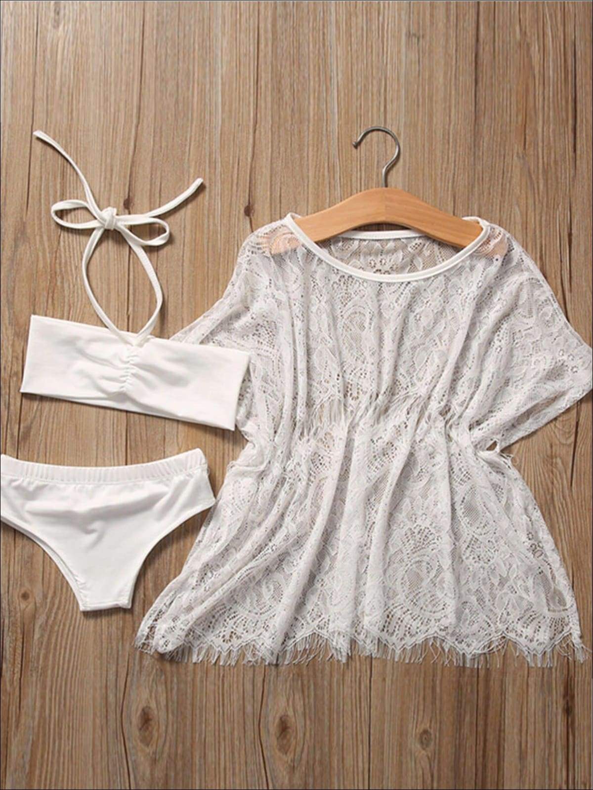 Toddler Swimsuits | Girls White Lace Tunic Cover Up & Bikini Set