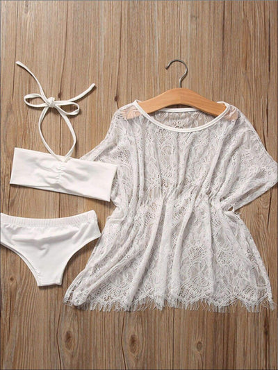 Toddler Swimsuits | Girls White Lace Tunic Cover Up & Bikini Set