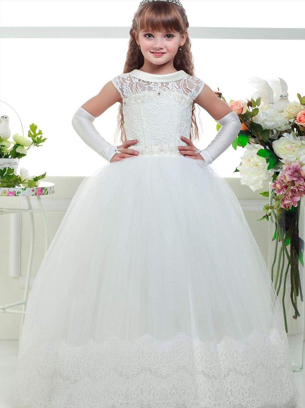 Girls White Lace-up Back Communion Gown - 2T / White - Girls Gowns