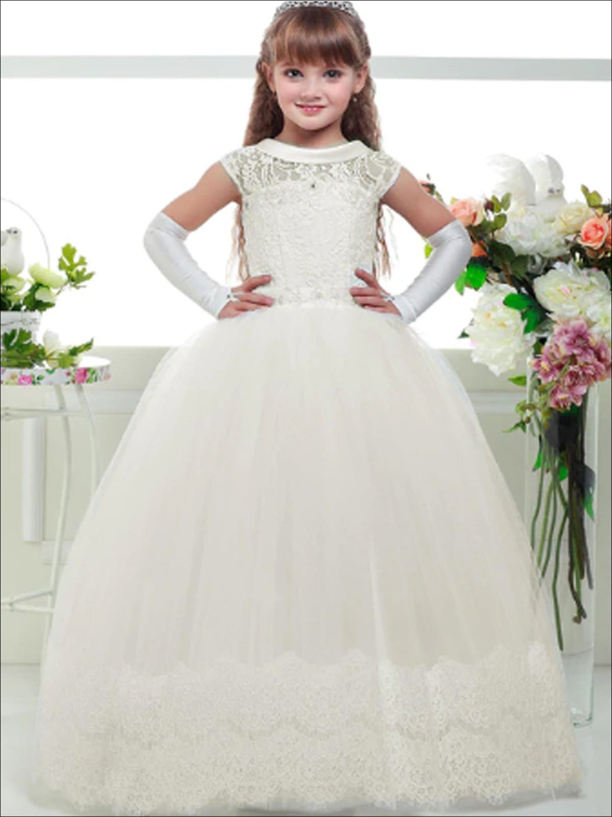 Girls White Lace-up Back Communion Gown - 2T / Ivory - Girls Gowns