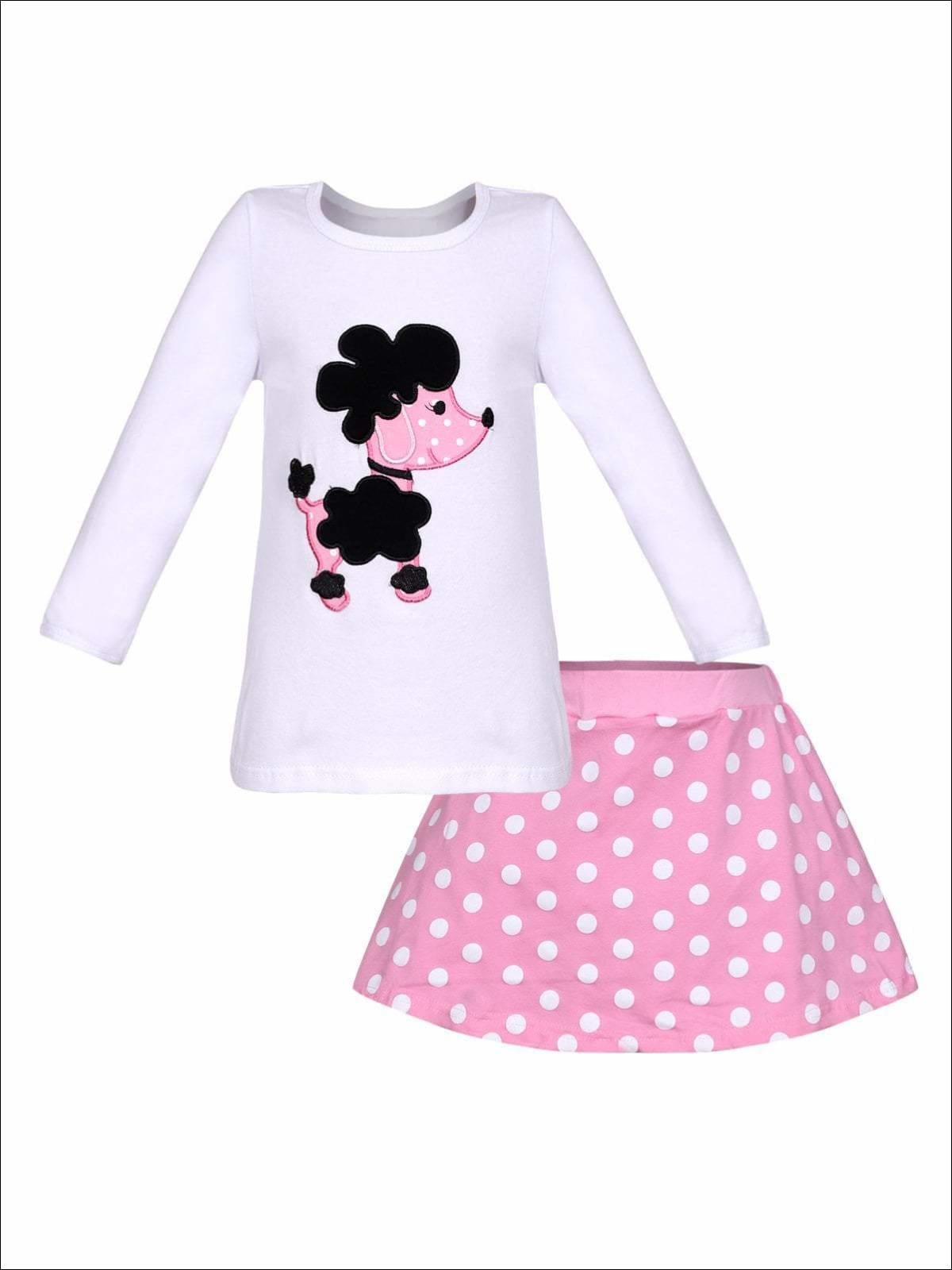 Girls White Long Sleeve Doggy Top & Pink Polka Dot Skirt Set - Girls Spring Casual Set