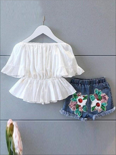 Girls White Peasant Style Tunic & Applique Denim Shorts Set - White / 5Y - Girls Casual Spring Set
