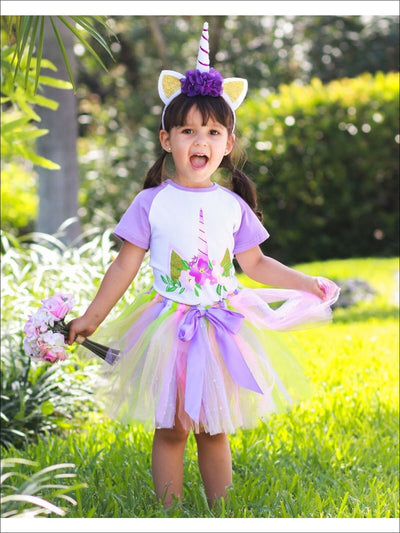 Girls White & Purple Floral Glittered Unicorn Print T-shirt & Rainbow Rhinestone Bow Tutu Skirt Set - Girls Spring Casual Set