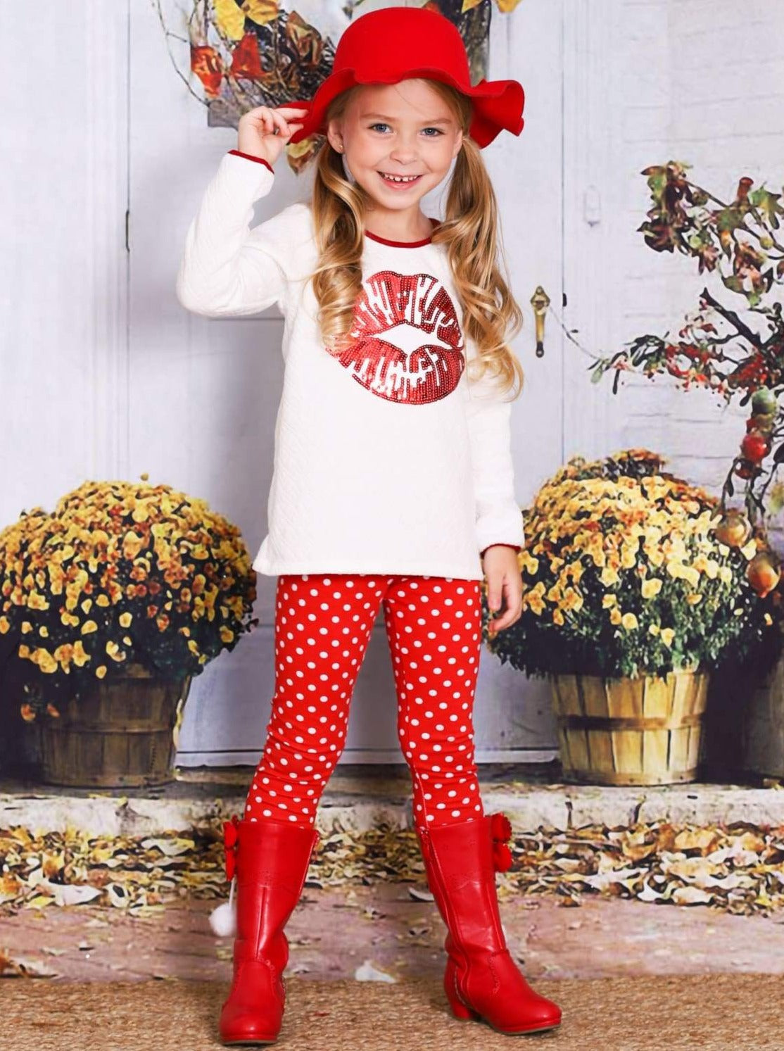Girls White & Red Long Sleeve Tunic with Sequin Applique Kiss & Leggings Set - Girls Fall Casual Set
