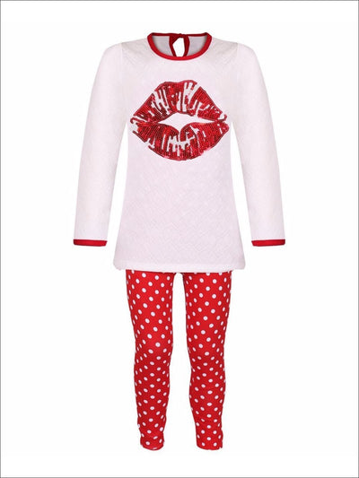 Girls White & Red Long Sleeve Tunic with Sequin Applique Kiss & Leggings Set - Girls Fall Casual Set
