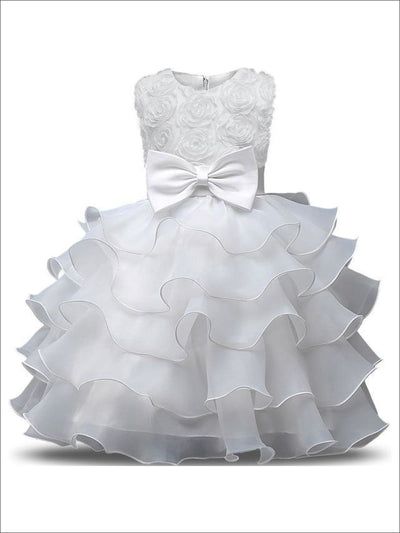Girls White Rosette Bodice Tiered Ruffled Sleeveless Flower Girl & Communion Party Dress - white / 3T - Girls Gown
