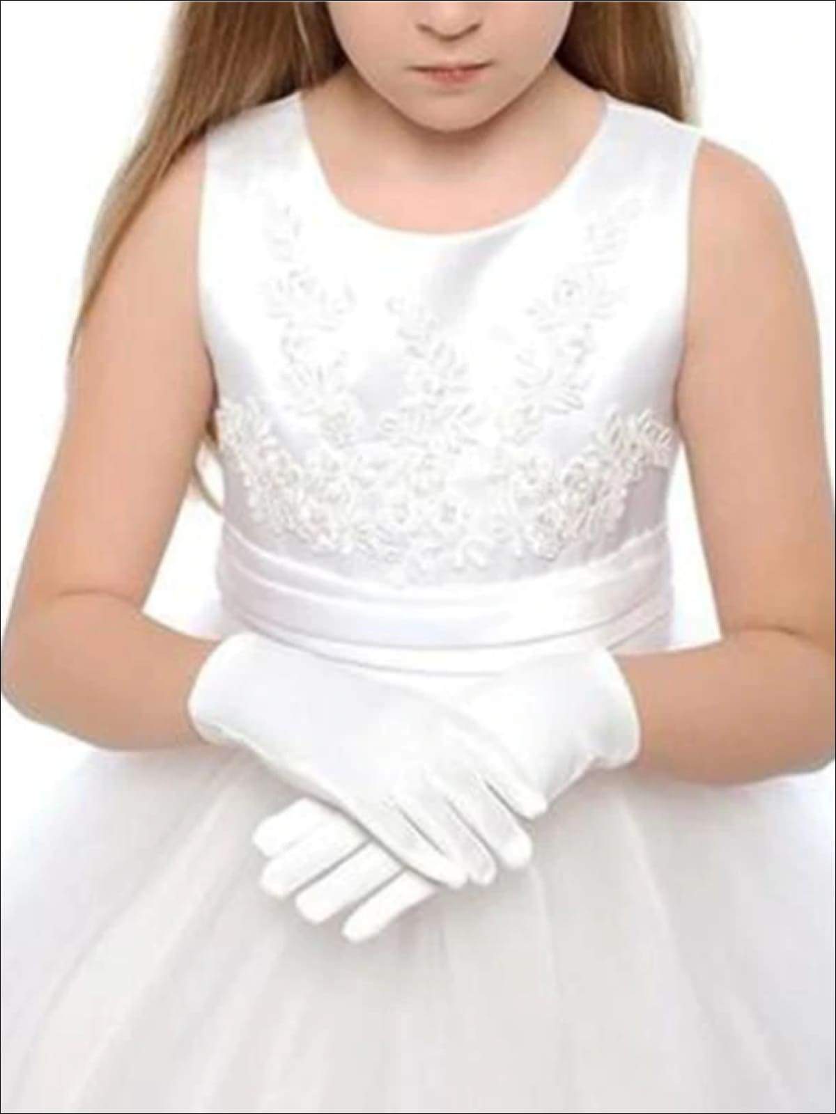 Kids Halloween Accessories | White Satin Hand Gloves | Mia Belle Girls