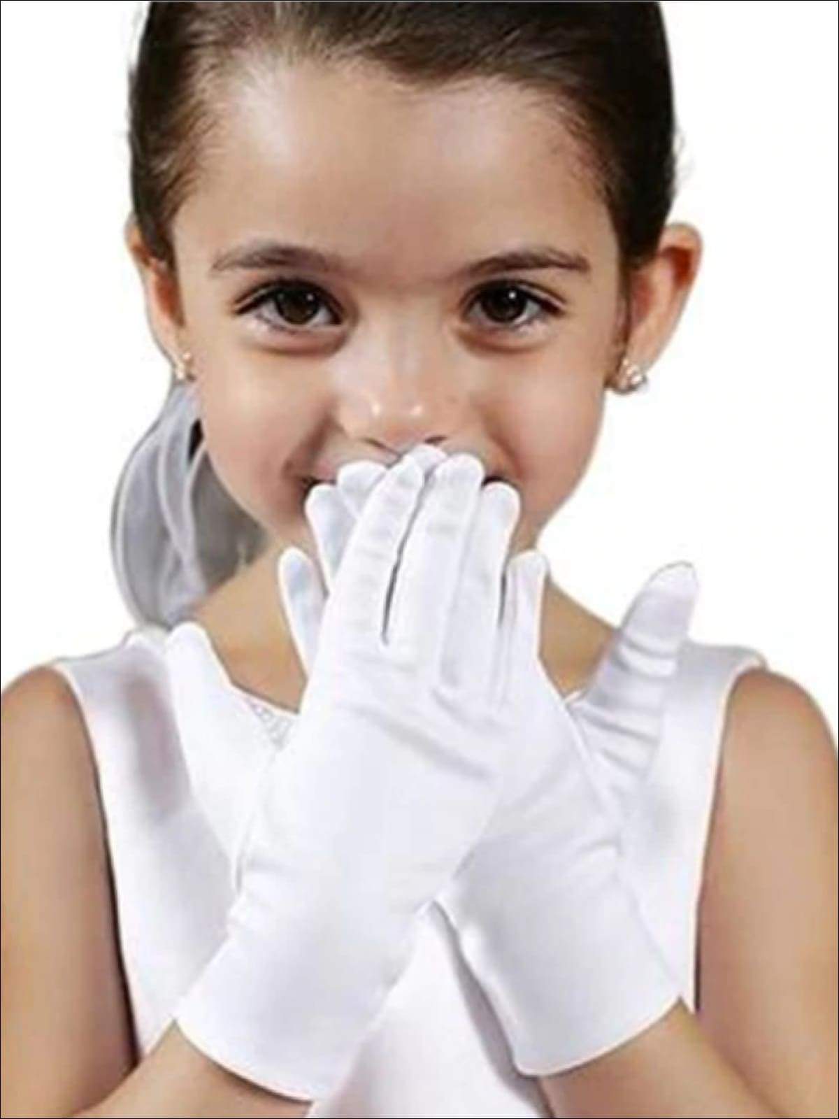 Kids Halloween Accessories | White Satin Hand Gloves | Mia Belle Girls