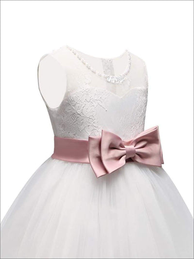Girls White Sleeveless Floral Lace Pearl Rhinestone Bow Communion & Flower Girl Party Dress - Girls Gown