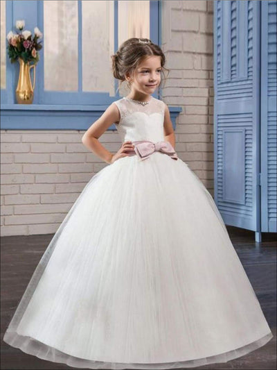 Girls White Sleeveless Floral Lace Pearl Rhinestone Bow Communion & Flower Girl Party Dress - Girls Gown