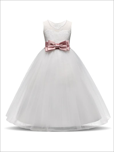 Girls White Sleeveless Floral Lace Pearl Rhinestone Bow Communion & Flower Girl Party Dress - White / 5 - Girls Gown