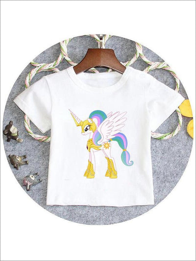 Girls White Unicorn Print T-Shirt - Yellow / 2T - Girls spring Top