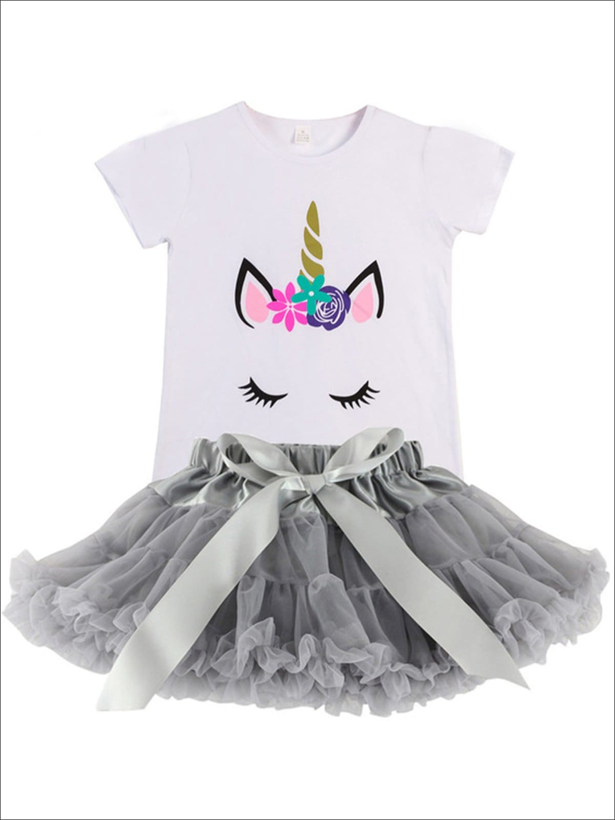 Girls White Unicorn Tee & Ruffled Tutu Bow Skirt Set - Grey / 2T - Girls Spring Casual Set