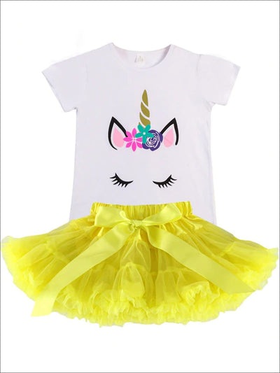 Girls White Unicorn Tee & Ruffled Tutu Bow Skirt Set - Yellow / 2T - Girls Spring Casual Set