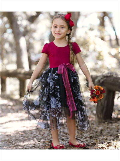 Girls Wine & Black Princess Dress with Floral Overlay - Girls Fall Dressy Dress