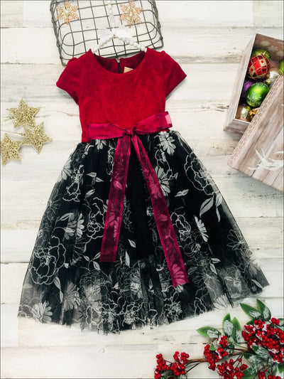 Girls Wine & Black Princess Dress with Floral Overlay - Wine/Black / 3T - Girls Fall Dressy Dress