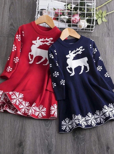Girls Winter Knit Reindeer Christmas Dress - Girls Fall Dressy Dress