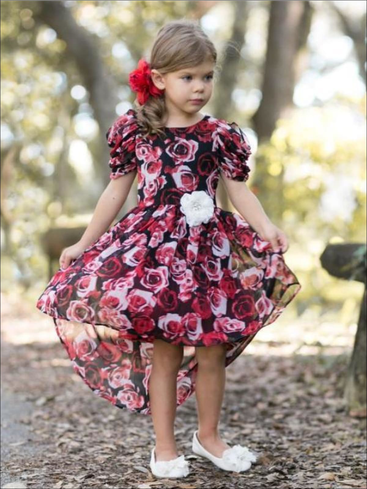 Girls Winter Red Rose Hi-Lo Dress with Gathered Cap Sleeves - Girls Fall Dressy Dress
