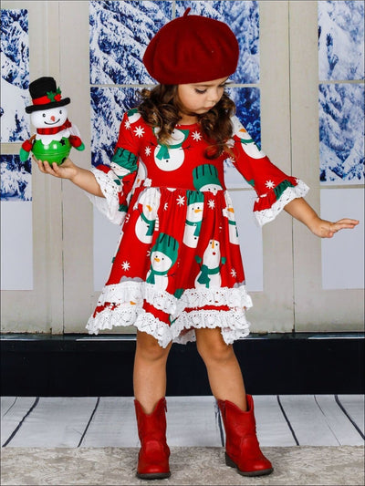 Girls Winter Themed 2-Tiered Crochet Long Flared Sleeve Snowman Print Dress - Girls Christmas Dress