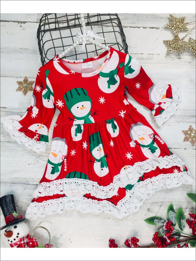 Girls Winter Themed 2-Tiered Crochet Long Flared Sleeve Snowman Print Dress - Red / XS-2T - Girls Christmas Dress