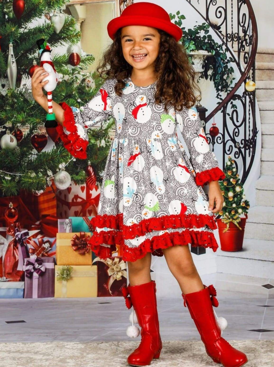 Girls Winter Themed 2-Tiered Crochet Long Flared Sleeve Swirl Snowman Print Dress - Girls Christmas Dress
