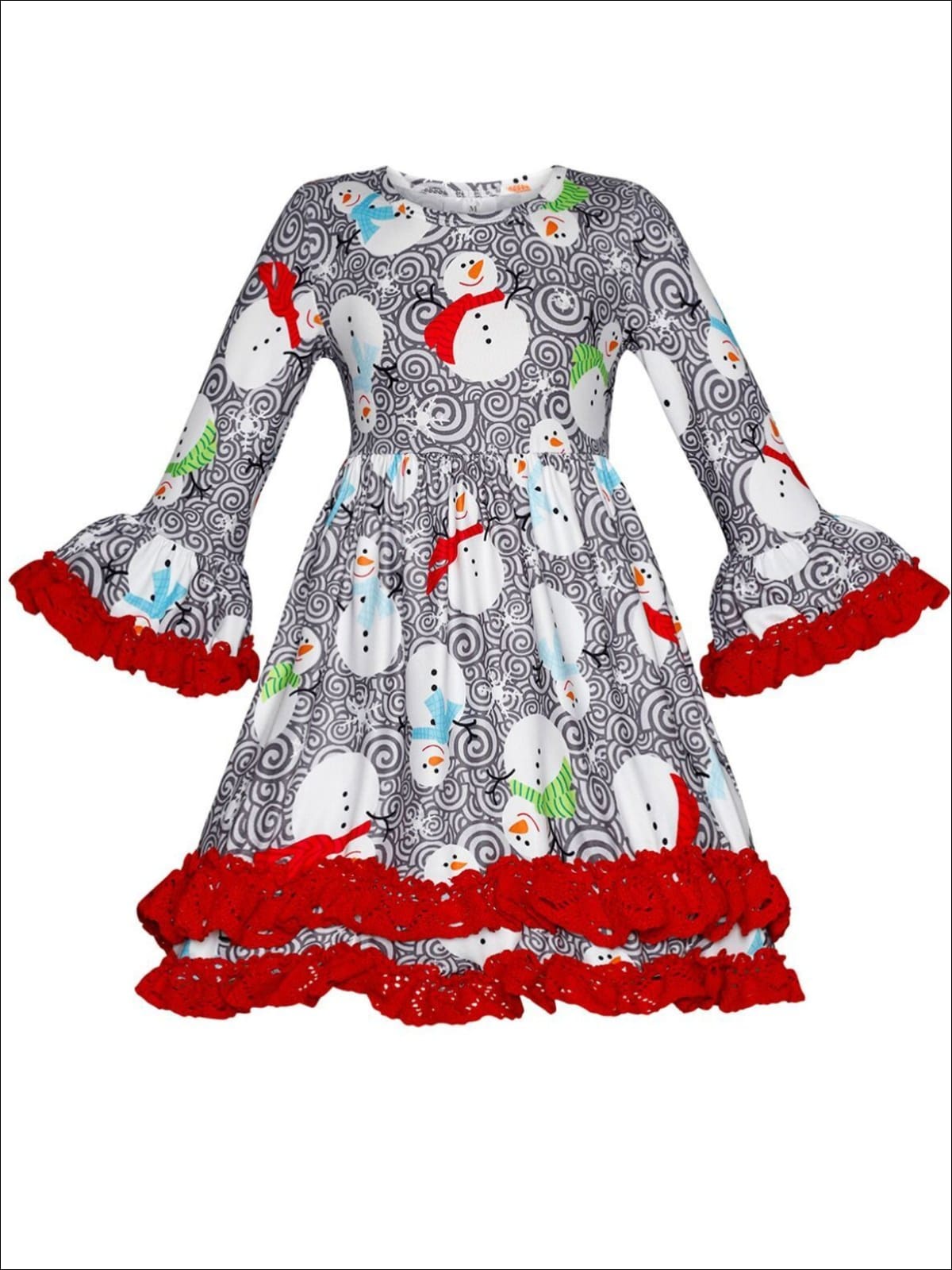 Girls Winter Themed 2-Tiered Crochet Long Flared Sleeve Swirl Snowman Print Dress - Grey / XS-2T - Girls Christmas Dress