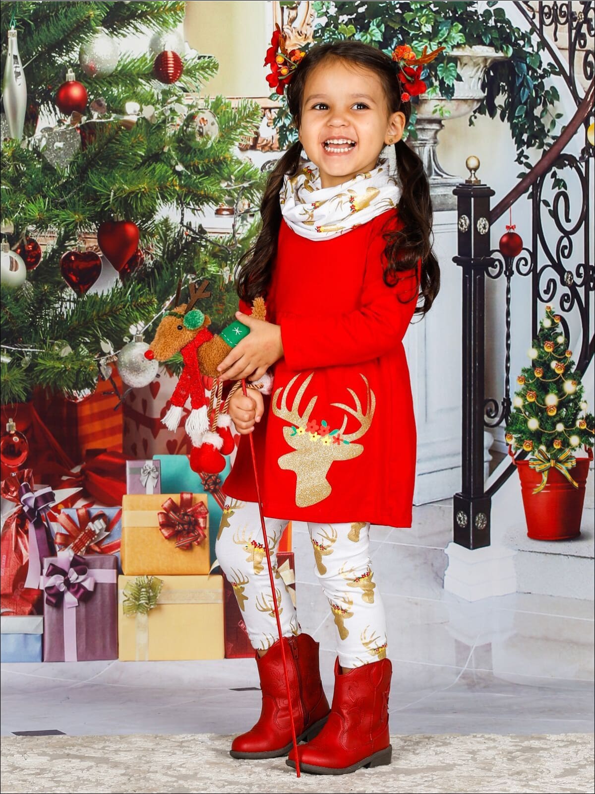 Girls Winter Themed A-Line Long Sleeve Moose Applique Tunic Moose Print Leggings & Scarf Set - Girls Christmas Set