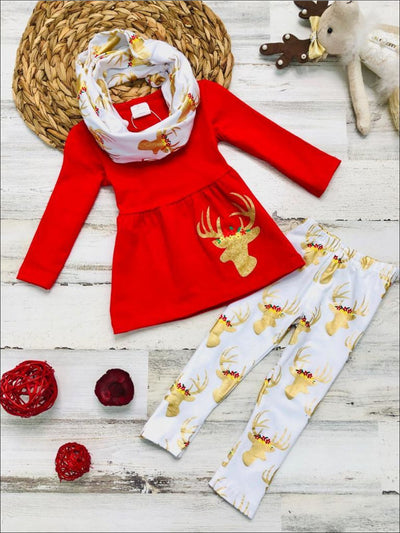 Girls Winter Themed A-Line Long Sleeve Moose Applique Tunic Moose Print Leggings & Scarf Set - Red / S-3T - Girls Christmas Set
