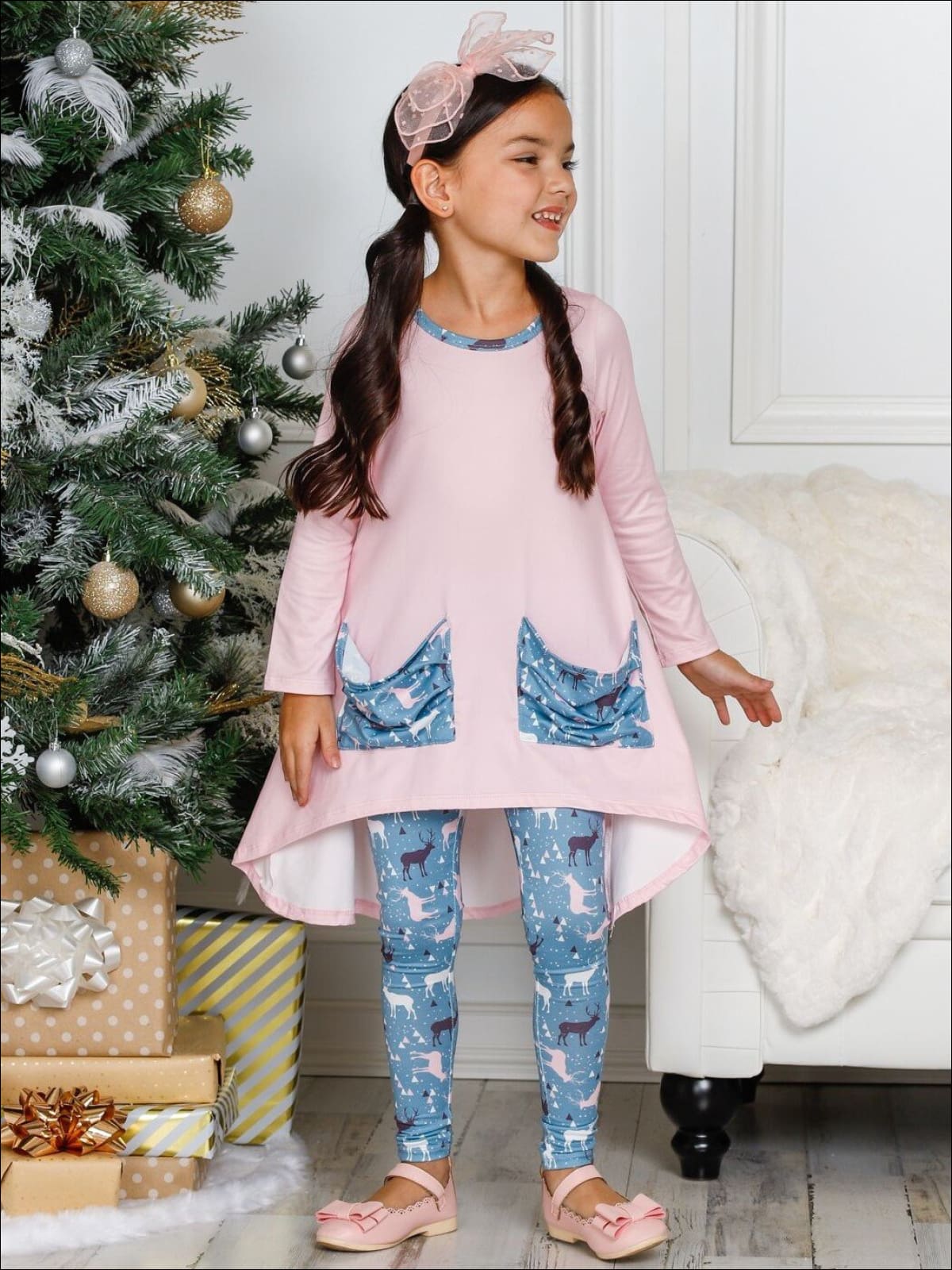Girls Winter Themed Hi-lo Long Sleeve Tunic with Printed Slouchy Pockets & Matching Leggings Set - Girls Christmas Set