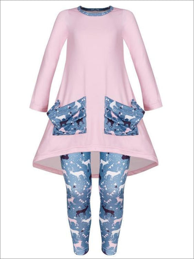 Girls Winter Themed Hi-lo Long Sleeve Tunic with Printed Slouchy Pockets & Matching Leggings Set - Pink / 2T/3T - Girls Christmas Set