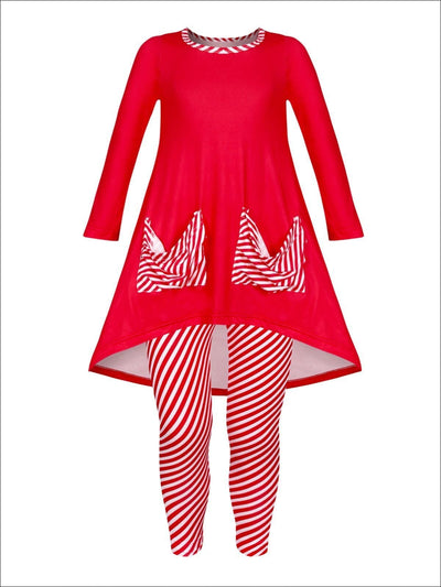 Girls Winter Themed Hi-lo Long Sleeve Tunic with Printed Slouchy Pockets & Matching Leggings Set - Red / 2T/3T - Girls Christmas Set