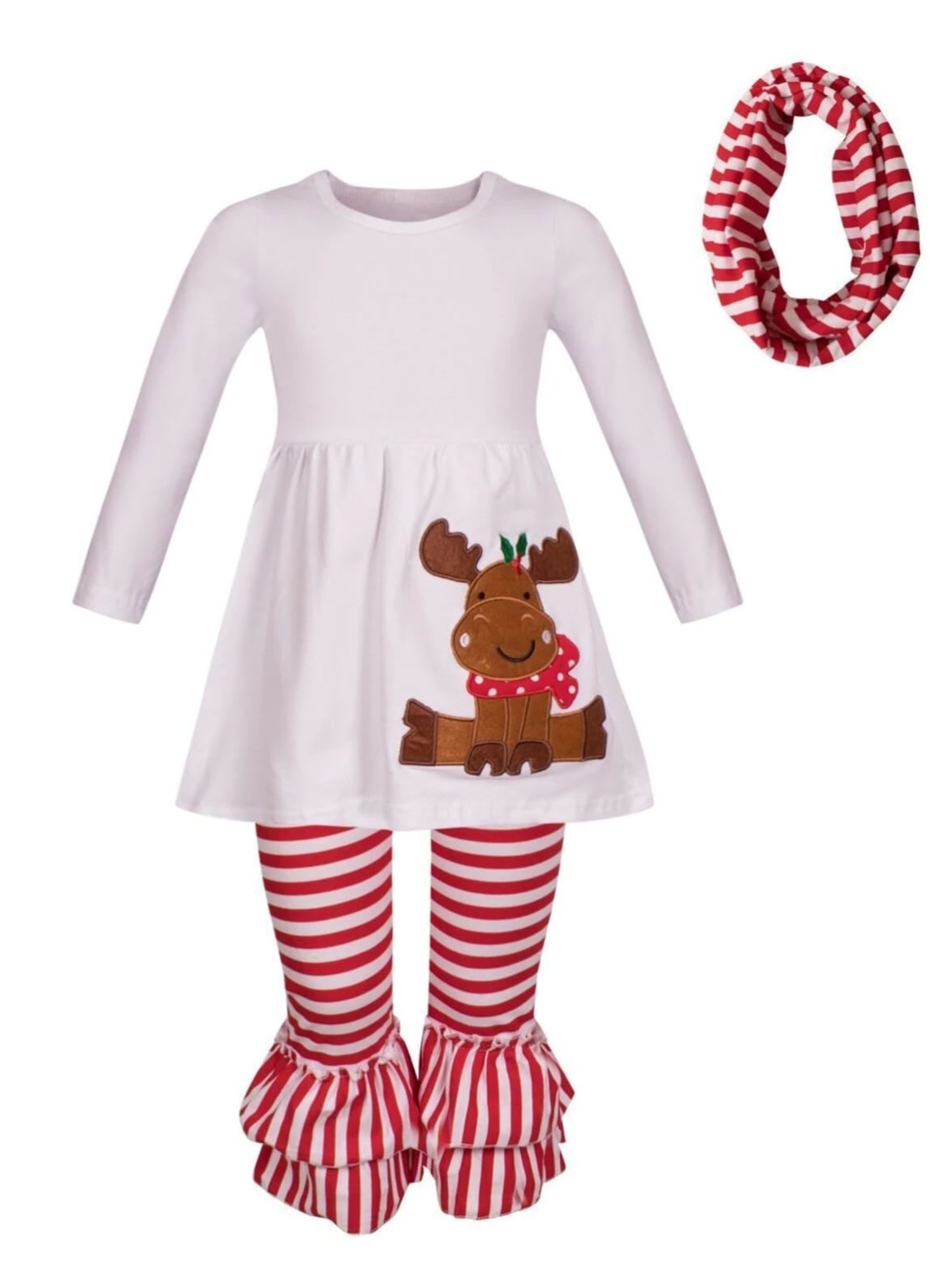 Girls Winter Themed Long Sleeve Moose Applique Tunic Striped Ruffled Leggings & Scarf Set - Red / S-3T - Girls Christmas Set