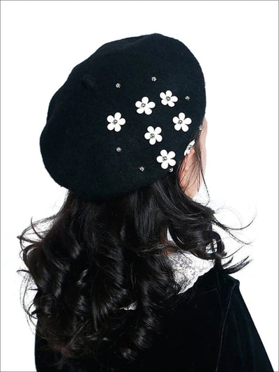 Girls Wool Flower Applique Parisian Style Beret (4 Color Options) - Black baby hat - Girls Beret