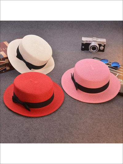 Girls Woven Straw Fedora Hat with Bow Tie (Multiple Color Options) - Girls Hats