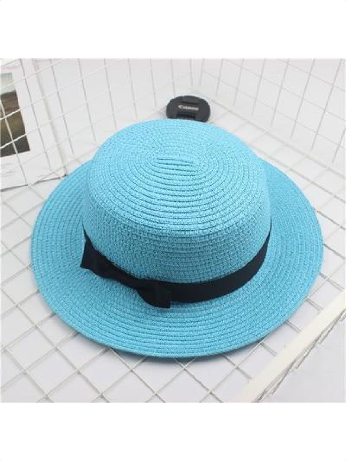 Girls Woven Straw Fedora Hat with Bow Tie (Multiple Color Options) - Aqua / One Size - Girls Hats