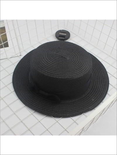 Girls Woven Straw Fedora Hat with Bow Tie (Multiple Color Options) - Black / One Size - Girls Hats