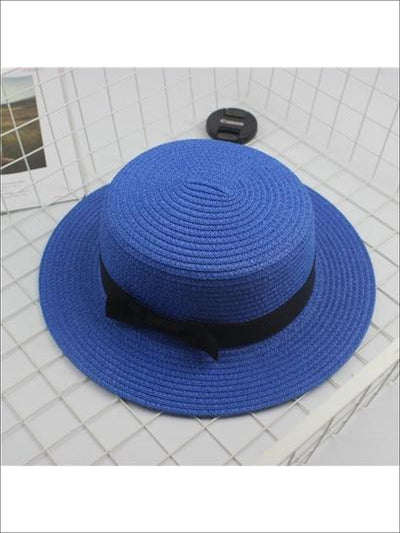 Girls Woven Straw Fedora Hat with Bow Tie (Multiple Color Options) - Blue / One Size - Girls Hats